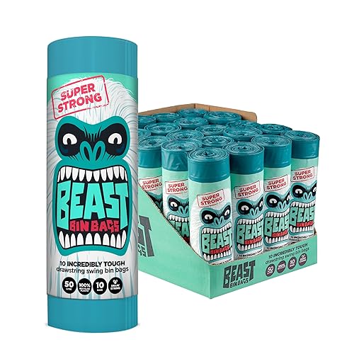 BEAST BIN BAGS, Mega Pack, 20 Rolls of 10 x 50 Litre Bags (Total 200 Bags) - Made From 100% Recycled LLDPE - Incredibly Strong Drawstring Swing Blue Bin Bags - 50l (200 Total Bags)