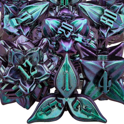 ARUOHHA DND Metal Dice Set Dungeons and Dragons Dice with Gift Box, 7PCS Leaf Design D&D Dice 6 Sided Polyhedral Dice for Pathfinder Warhammer RPG D and D Dice Role Playing Dice D20 D12 D10 D8 D6 D4 - Purple Green