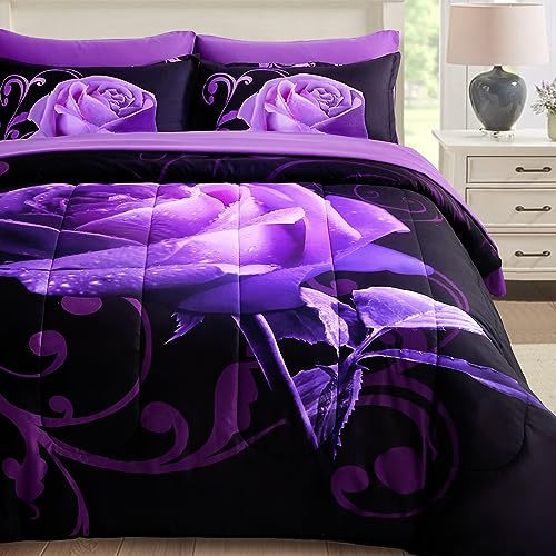 WONGS BEDDING Purple Comforter Set , Reversible Purple Rose 7 Pieces Bed in a Bag, Lightweight Soft Microfiber Bedding Sets with Flat Sheet, Fitted Sheet, Pillowcases & Shams -Purple