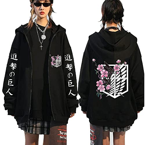 Ning Qi Attack Titan Anime Unisex Scout Regiment Hoodies Sweatshirt Black Print Zip Up Eren Yeager Hoodie Jacket - 3X-Large - 5-13-3