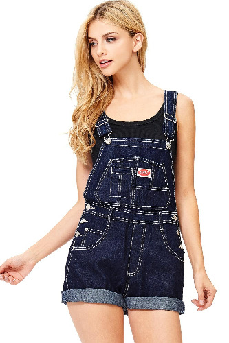 Revolt by Palomares Women's Juniors Vintage Twill/Denim Short Overalls - Medium Dark Denim