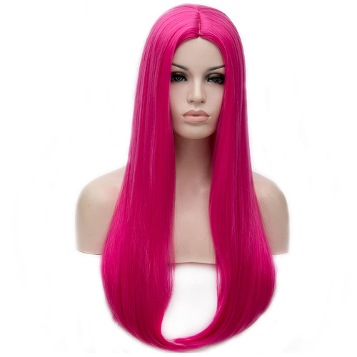 Ufindcos Hot Pink Long Straight Wig Middle Part Hair Wigs for Women Girls Synthetic Halloween Cosplay Costume Party Wigs with Wig Cap