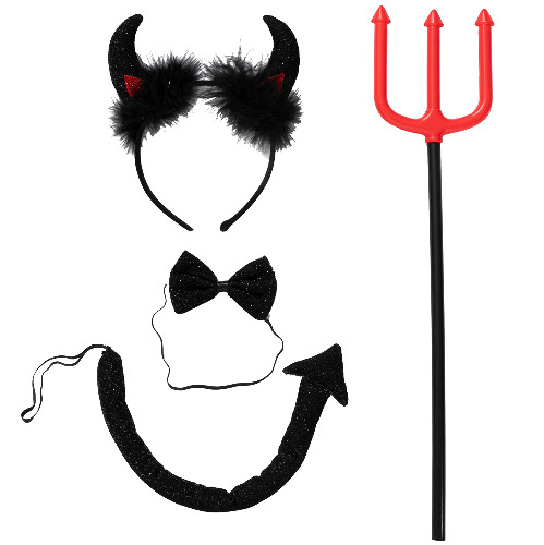 Spooktacular Creations 4 Pcs Halloween Devil Costume Set Demon Costume with Black Devil Horn Headband, Devil Pitchfork, Bow Tie, and Tail for Halloween Cosplay Party Accessories