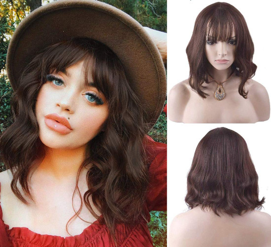 BERON 14 Inches Brown Wig Short Wavy Wig Brown Wigs with Bangs Bob Wig Brown Wig for Women Wig Cap Include - Deep Brown