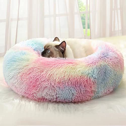 Cat Beds for Indoor Cats,24 Inch Dog Bed for Small Melium Large Dogs, Washable-Round Pet Bed for Puppy and Kitten with Slip-Resistant Bottom - 24 Inch - Rainbow