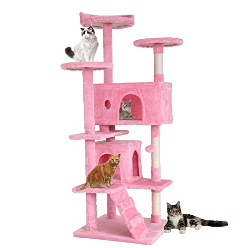 BestPet 54in Cat Tree Tower for Indoor Cats,Multi-Level Cat Furniture Activity Center with Cat Scratching Posts Stand House Cat Condo with Funny Toys for Kittens Pet Play House (54in, Pink) - 54in - Pink