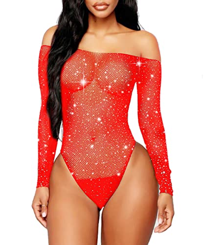 Abberrki Women Sexy Mesh Bodysuit Fishnet Sparkle Rhinestone Teddy Lingerie Halloween Rave Sheer Outfit - Red