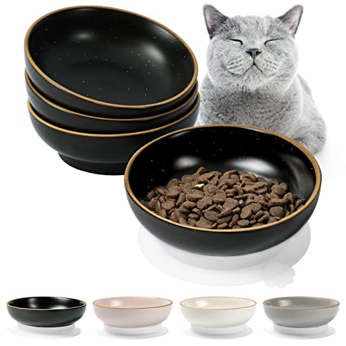 YMASINS Ceramic Cat Food Bowls 4 Packs Cat Dishes for Food Non Slip Wide Shallow Cat Feeding Water and Food Bowl Set to Stress Relief of Whisker Fatigue for Cats Kitten Small Dogs - Pure Black