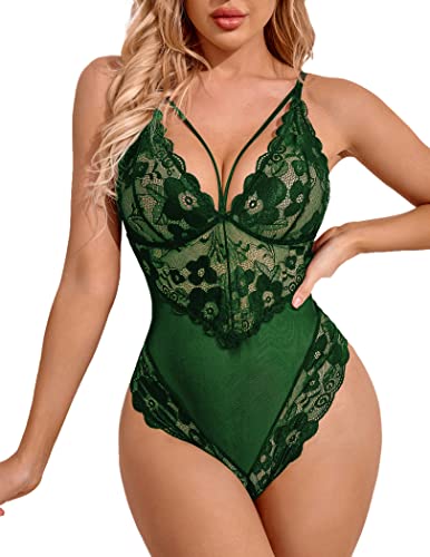 Avidlove Womens Snap Crotch Lingerie Lace Teddy One Piece Babydoll Sexy Mini Bodysuit - Green - Large