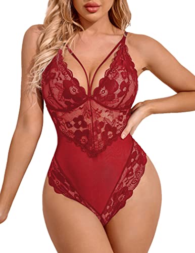 Avidlove Womens Snap Crotch Lingerie Lace Teddy One Piece Babydoll Sexy Mini Bodysuit - A-wine Red - Large