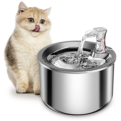 Homtyler Cat Water Fountain, Stainless Steel Inside Ultra-Quiet Pump, 2L/67oz Automatic Dog Dispenser Water Bowl, Multiple Pets Water Fountain - Round