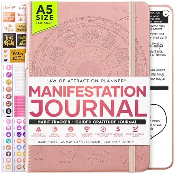 Manifestation Journal & Law of Attraction Planner - 5 Minute Journal, a 90 Day Manifesting & Creating Your Dream Life, Increase Positivity & Affirmation | a Mindfulness Journal, Guided, Self Care & Mental Health Journal | Vision Board & Planner Stickers - Start Anytime
