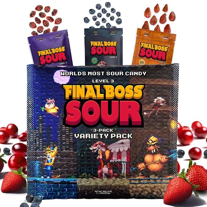 Final Boss VIP Sampler Pack - Sour Candy - 18 Pouches of Sour Strawberries, Blueberries, and Cranberries - 3 Level Sour Challenge - Level Three 3-Pack