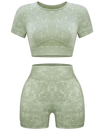 OLCHEE Womens Workout Sets 2 Piece - Seamless Acid Wash Yoga Outfits Shorts and Crop Top Matching Gym Athletic Clothing Set - Short-sleeve + Shorts: Green - Medium