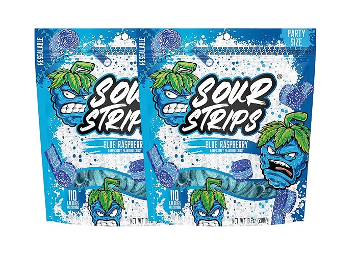 Sour Strips Flavored Sour Candy Strips, Deliciously Sour Chewy Candy Belts, Vegetarian Candies, Party Pack 2-Pack (Blue Raspberry Party Pack) - Blue Raspberry Party Pack