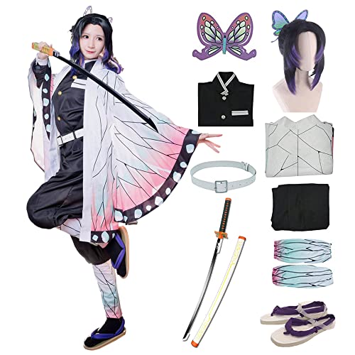 Nhorrobat Full Set Halloween Costume Kochou Shinobu Party Role Cosplay Costume Kimono Outfit W/Shoes Wig Sword - Kochou Shinobu - Large