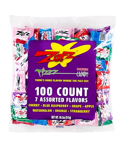 Zotz Fizzy Bulk Candy (Assorted, 100 Units)- Hard Candy Individually Wrapped- Assorted Fruit Flavors, Cherry, Watermelon, Strawberry, Blue Raspberry, Apple, Orange & Grape- From Italy Since 1970 - Assorted - 100 Count (Pack of 1)