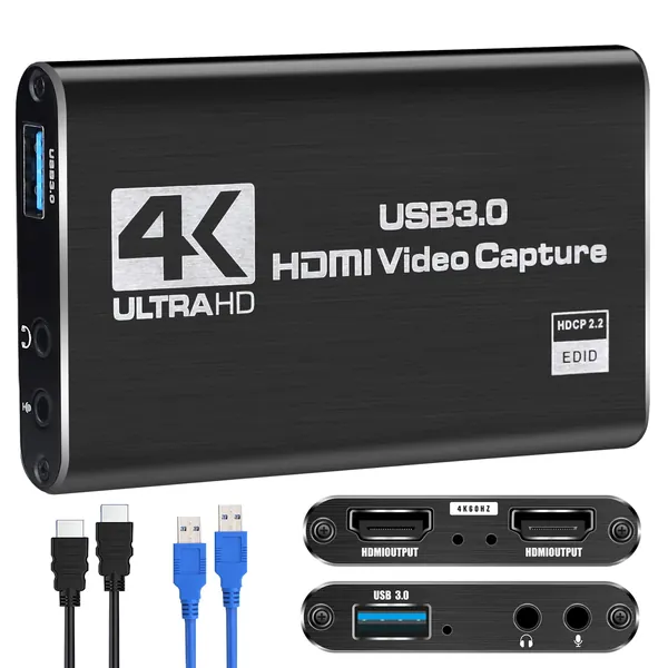 Capture Card, Video Capture Card 4K 1080P 60FPS, HDMI Capture Card Switch, Game Capture Card USB 3.0 for Live Streaming Video Recording, Screen Capture Device Work with PS4/PC/OBS/DSLR/Camera