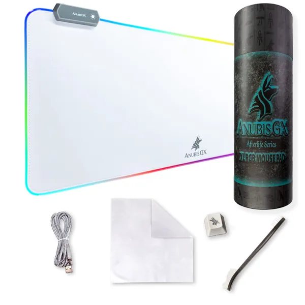 AnubisGX Premium White RGB Mouse Pad | XL Waterproof Computer Gaming Desk Mat | New 14 Glowing LED Types | XXL Extended Non-Slip Glowing Gamer RBG Mousepad | 31.5 x 11.8 in