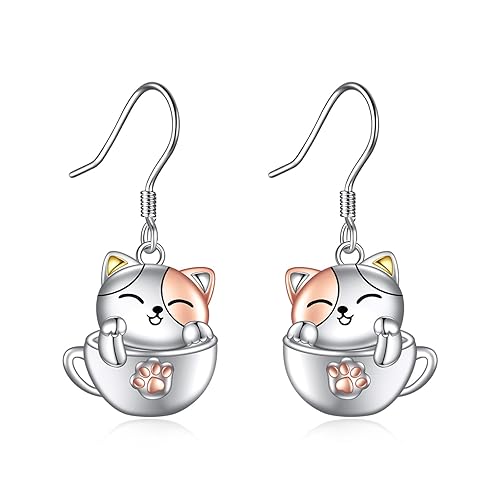 Animal Drop Earrings 925 Sterling Silver Koala/Panda/Cat/Owl/Sloth/Dog Teacup Dangle Earrings for Women Teen Girls Cute Animal Jewellery Gift - white cat