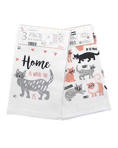 COUNTRY CLUB Pack of 3 Cats Design Tea Towels - Gift idea for a cat lover - 100% Cotton - Great value triple pack