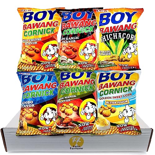 Boy Bawang Cornick Corn Nuts Snack Box of 6 Flavors - Chili Cheese, Hot Garlic, Garlic, Adobo, Lechon Manok, Butter Golden Sweet Corn | 3.54oz each (Pack of 6) in Sturdy Crush Proof Box (Combo-A) - Combo-A - 0.59 Ounce (Pack of 6)