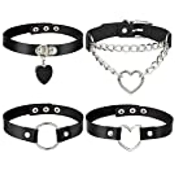 4 Pieces Leather Choker, ZeWoo Black Gothic Punk Style Choker Necklace PU Leather Collar Choker Set for Women Accessory, M