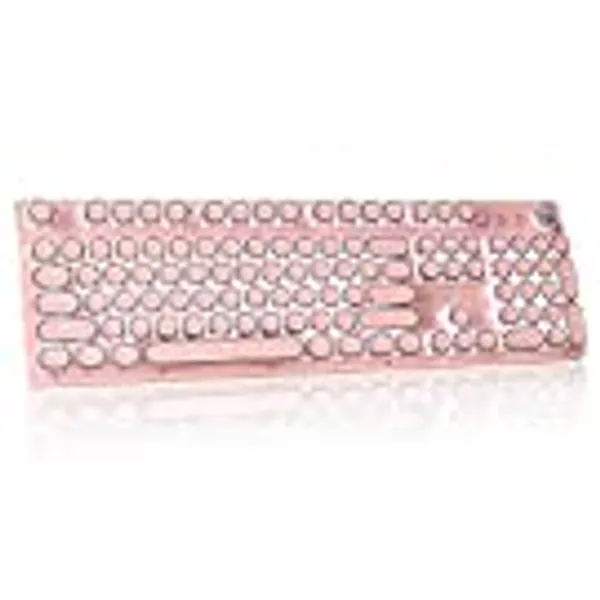 Retro Steampunk Typewriter-Style Gaming Keyboard, Blue Switches,Pure White Backlight, USB Wired, for PC Laptop Desktop Computer, for Game and Office, Stylish Pink Mechanical Keyboard Round Keycaps