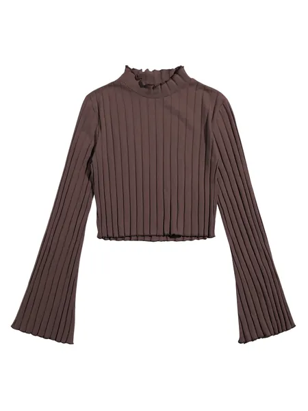 SweatyRocks Women's Long Flounce Sleeve Crop Top Stand Collar Ribbed Knit T-Shirt