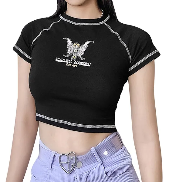 Jurebecia Women's E Girl Clothing Graphic Print Tee Short Sleeve T-Shirt Summer Crop Fairy Top for Teen Girls