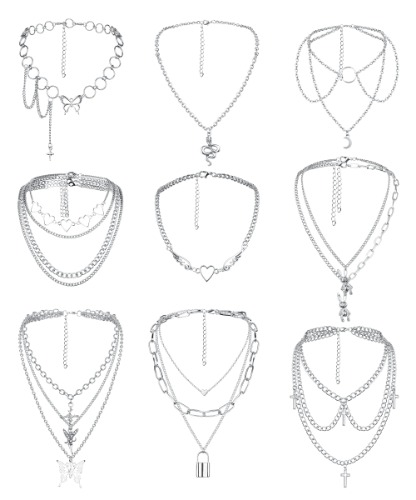 Sanfenly Punk Layered Necklaces for Women Egirls Men Eboys Cross Heart Lock Butterfly Snake Moon Rabbit Pendant Necklaces Gothic Choker Necklaces Silver Chunky Chain Statement Necklaces Y2K Emo