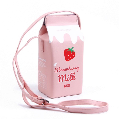 LUI SUI Girls Fruits Banana Strawberry Milk Box Cross Body Purse Bag Women Phone Wallet Shoulder Bags Friends - Pink
