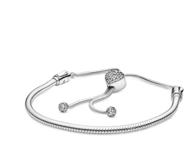 Pandora Moments Pavé Heart Clasp Snake Chain Slider Bracelet