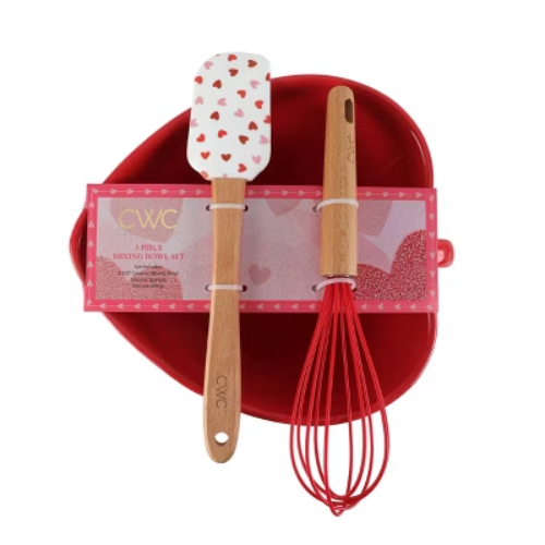 Cook With Color 3pc Heart-Shaped Mixing Bowl, Whisk, and Silicone Spatula Baking Se Red