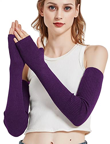 Novawo Wool Blend Warm Arm Warmers Long Fingerless Gloves for Women - Purple