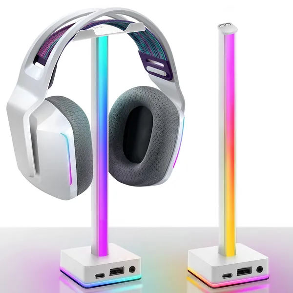 EZDIY-FAB USB LED Light Bar Headphones Stand, Desktop Atmosphere RGB Backlight,50 Built-in Color Modes, Headphone Holder for Gamers Gaming PC PS5 Accessories Desk- White- 1 Pack - White