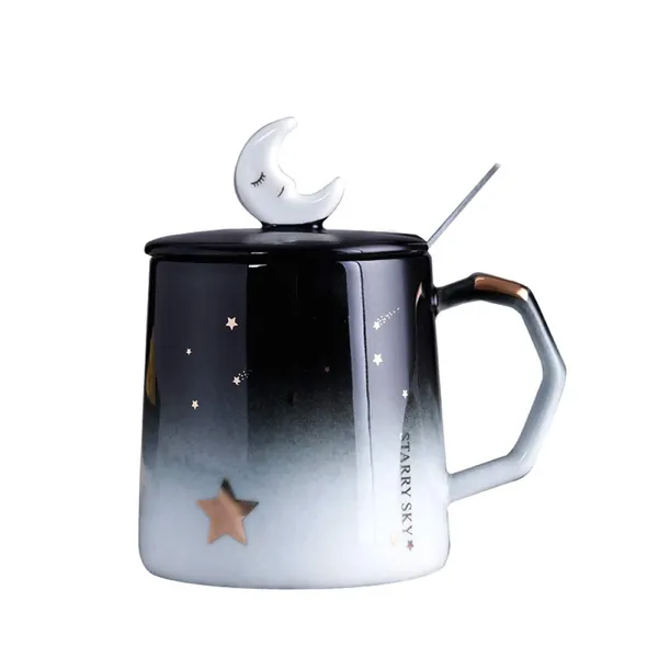 Moon And Star Galaxy Coffee/Tea Mug with Lid, Blue Gradient Ombre 12 oz Cup With Gold Stars, Top Included for Heat Preservation (Star Symbol) - Star Symbol