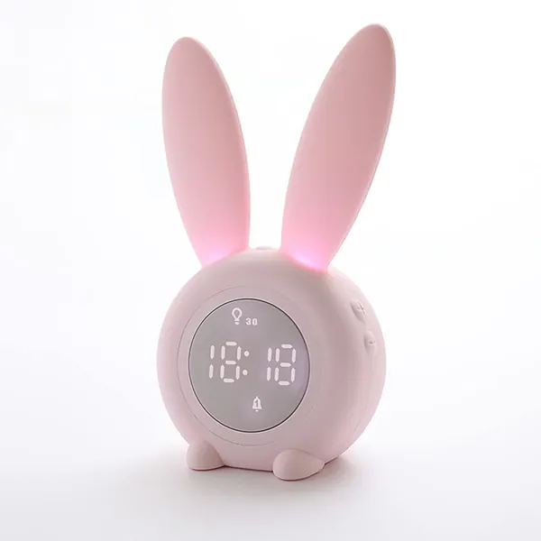 LuckyDays Pink Rabbit Alarm Clock Children's Creative LED Bunny Night Light Touch Control and Rechargeable Sleep Trainer for Boy Girl Bedroom