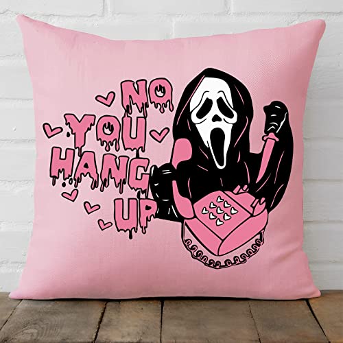 PreLiving 18x18 Inch Pink Throw Pillow Cover - 'No You Hang Up' Funny Horror Ghost Design, Romantic Halloween Valentine's Day Decor, Soft Pillowcase for Sofa, Bedroom, Car, Birthday Party Supplies - 18" x 18" - Pink Ghost