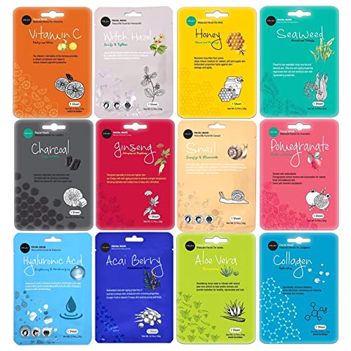 Celavi Essence Facial Face Mask K-Beauty Skincare Korea Skin Care Moisturizing 12 Pack C Set - 12 Count (Pack of 1) - C Set