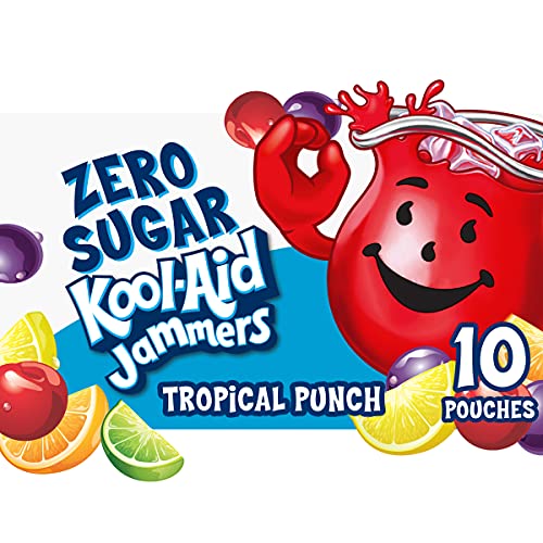 Kool-Aid Jammers Tropical Punch Zero Sugar Artificially Flavored Kids Soft Drink (10 ct Box, 6 fl oz Pouches) - Sugar Free Tropical Punch - 10 Count