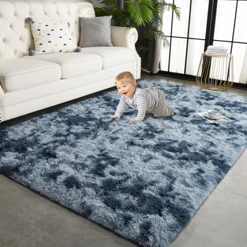 TWINNIS 4x6 Large Shag Area Rugs for Living Room Bedroom, Tie-Dye Blue Grey Indoor Super Soft Fuzzy Plush Rugs, Upgrade Anti-Skid Modern Rugs Fluffy Carpets for Kids Room Nursery Home Decor - Blue Grey - 4x6 Feet