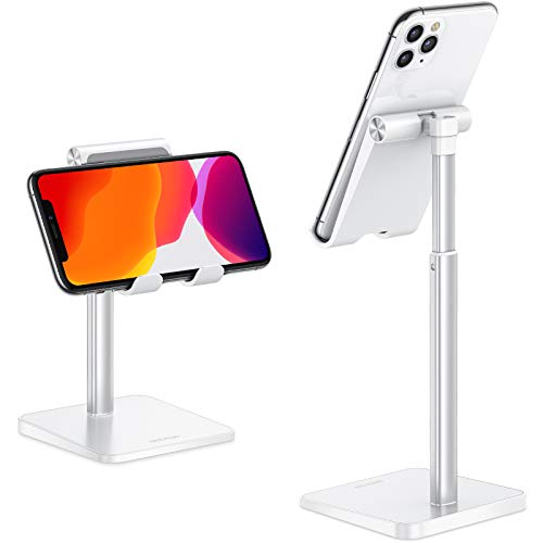 Cell Phone Stand, OMOTON Adjustable Angle Height Desk Phone Dock Holder for iPhone SE 2/11 / 11 Pro/XS Max/XR, Samsung Galaxy S20 / S10 / S9 / S8 and Other Phones (3.5-7.0-Inch),Silver - White