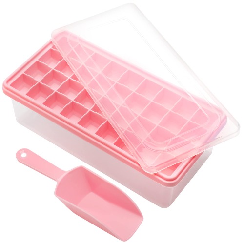 Food-grade Silicone Ice Cube Tray with Lid and Storage Bin for Freezer, Easy-Release 36 Small Nugget Ice Tray with Spill-Resistant Cover&Bucket, Flexible Ice Cube Molds with Ice Container, Scoop Cover - Pink