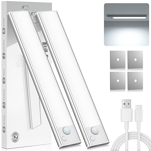 Under Cupboard Kitchen Lights LED - Cabinet Light Motion Sensor Indoor Rechargeable Strip Wardrobe Lighting Battery Operated Magnetic Stick on Wireless USB Powered for Shelf Stairs Counter Closet - 2 Pack - White