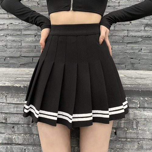 'Deadly Delight' Black Grunge Skirt with White Stripes - black / M