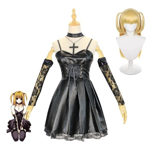 Japanese Anime Death Note Cosplay Costume Outfit Misa Amane Black Dress Uniform Full Set Halloween Carnival Party Dress Up Suit with Wig Cross Necklace for Women Girls (Size : S)