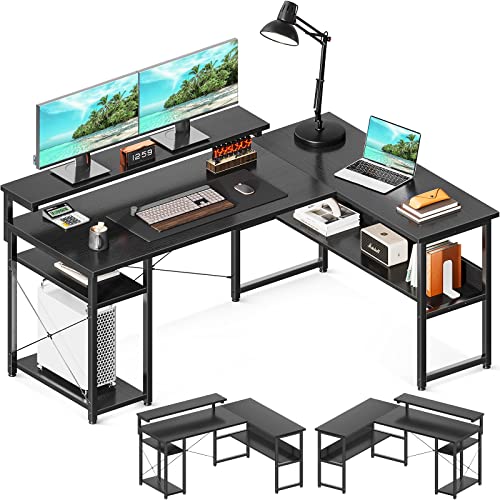ODK Eckschreibtisch, 137×102 cm Reversibel Computertisch mit Lagerregale, Bürotisch mit Verstellbarem Langen Monitorständer, Schreibtisch L Form für arbeitszimmer und homeoffice, Schwarz - Schwarz