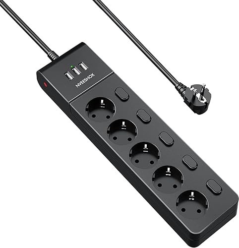 NVEESHOX Steckdosenleiste Einzeln Schaltbar, 5 Fach Mehrfachsteckdose mit 3 USB, Steckdosenleiste überspannungsschutz, Mehrfachsteckdose mit USB, 2M Kabel, Verteilersteckdose für Hause, Büro, Küche - Schwarz-2M