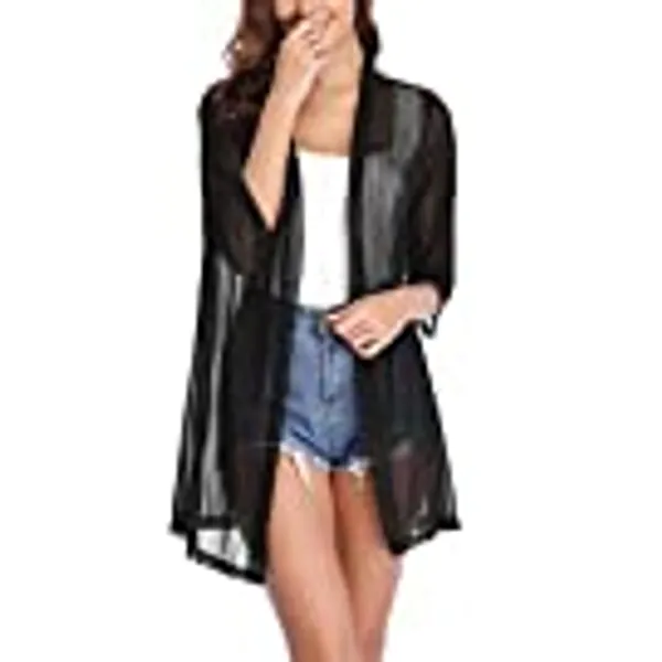 iClosam Women Casual 3/4 Sleeve Sheer Open Front Cardigan Sweater Kimono
